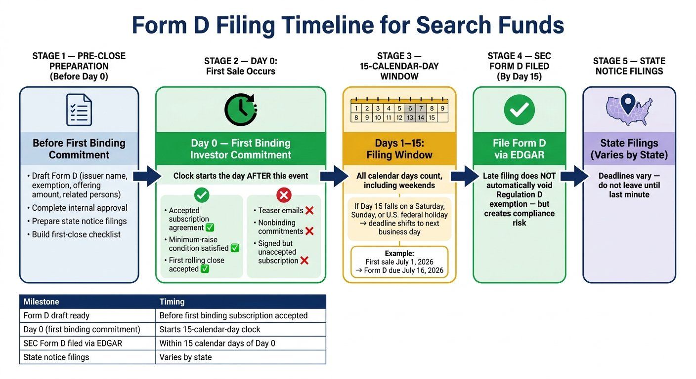 Form D Filing Timeline for Search Funds: 5-stage flow from pre-close preparation through state notice filings with 15-calendar-day SEC window