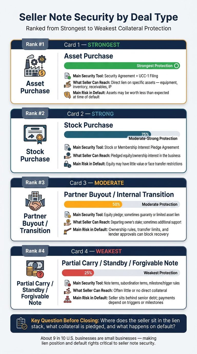 Seller Note Security by Deal Type: collateral strength ranked from asset purchase (strongest) to partial carry/standby/forgivable note (weakest)